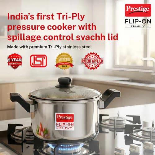  Prestige Flip-On Tri-Ply Stainless Steel Pressure Cooker 3 L 180M With Glass Lid - Alternate View